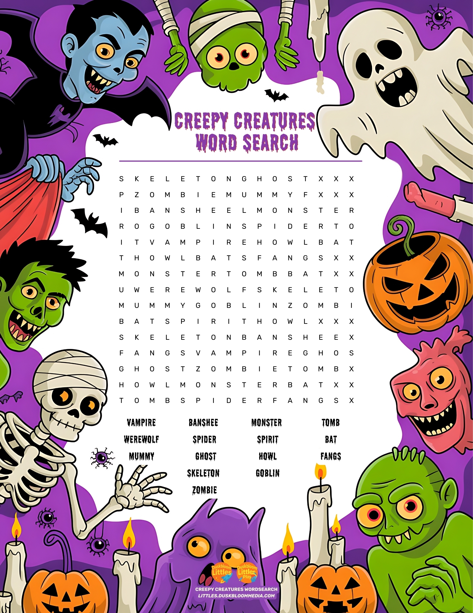 Creepy Creatures Halloween Wordsearch